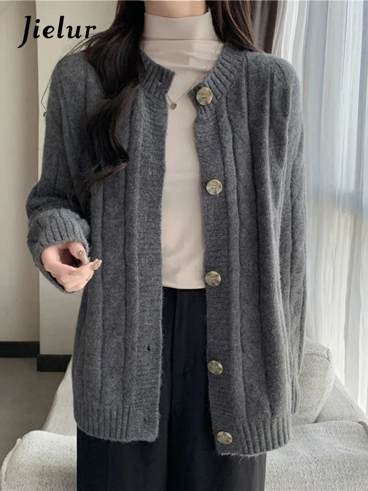 Metaversmall Vintage Knitwear Women's Sweaters Autumn Winter Japanese Style Loose Long Sleeve Thickened Gray Cardigan Sweater Coat