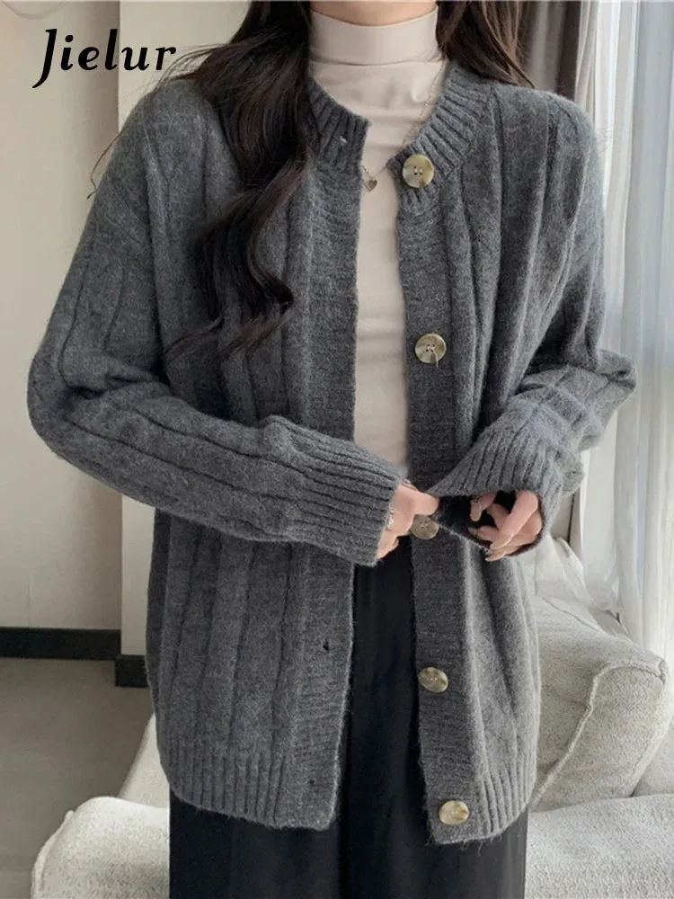 Metaversmall Vintage Knitwear Women's Sweaters Autumn Winter Japanese Style Loose Long Sleeve Thickened Gray Cardigan Sweater Coat