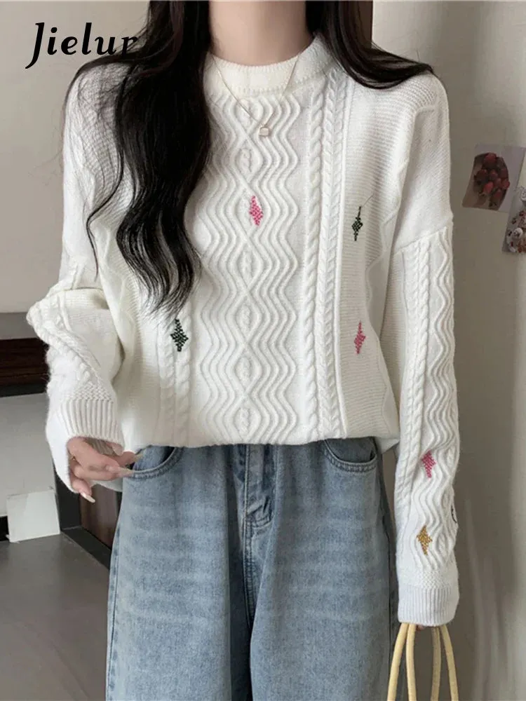 Metaversmall Women Knitted Sweater Autumn New O-Neck Vintage Embroidered Knitwear Baggy Long Sleeve Warm Lady White Pullover Chic