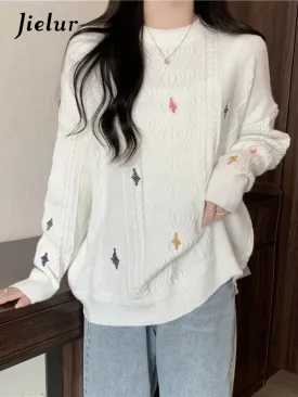 Metaversmall Women Knitted Sweater Autumn New O-Neck Vintage Embroidered Knitwear Baggy Long Sleeve Warm Lady White Pullover Chic