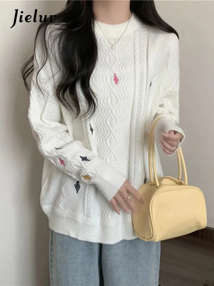 Metaversmall Women Knitted Sweater Autumn New O-Neck Vintage Embroidered Knitwear Baggy Long Sleeve Warm Lady White Pullover Chic