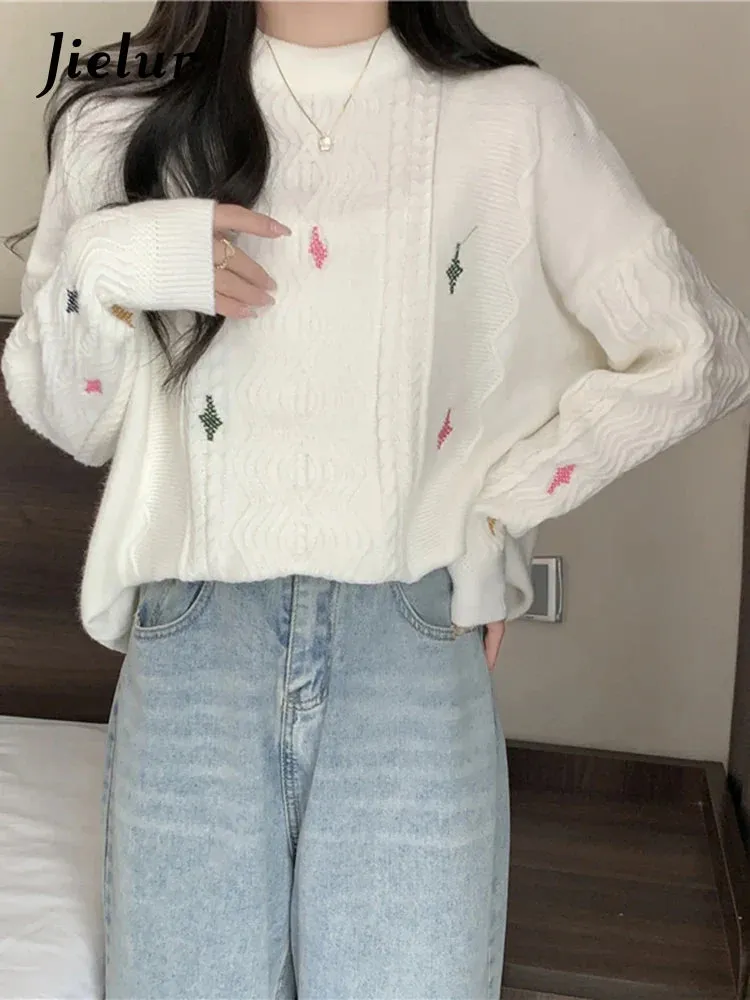 Metaversmall Women Knitted Sweater Autumn New O-Neck Vintage Embroidered Knitwear Baggy Long Sleeve Warm Lady White Pullover Chic