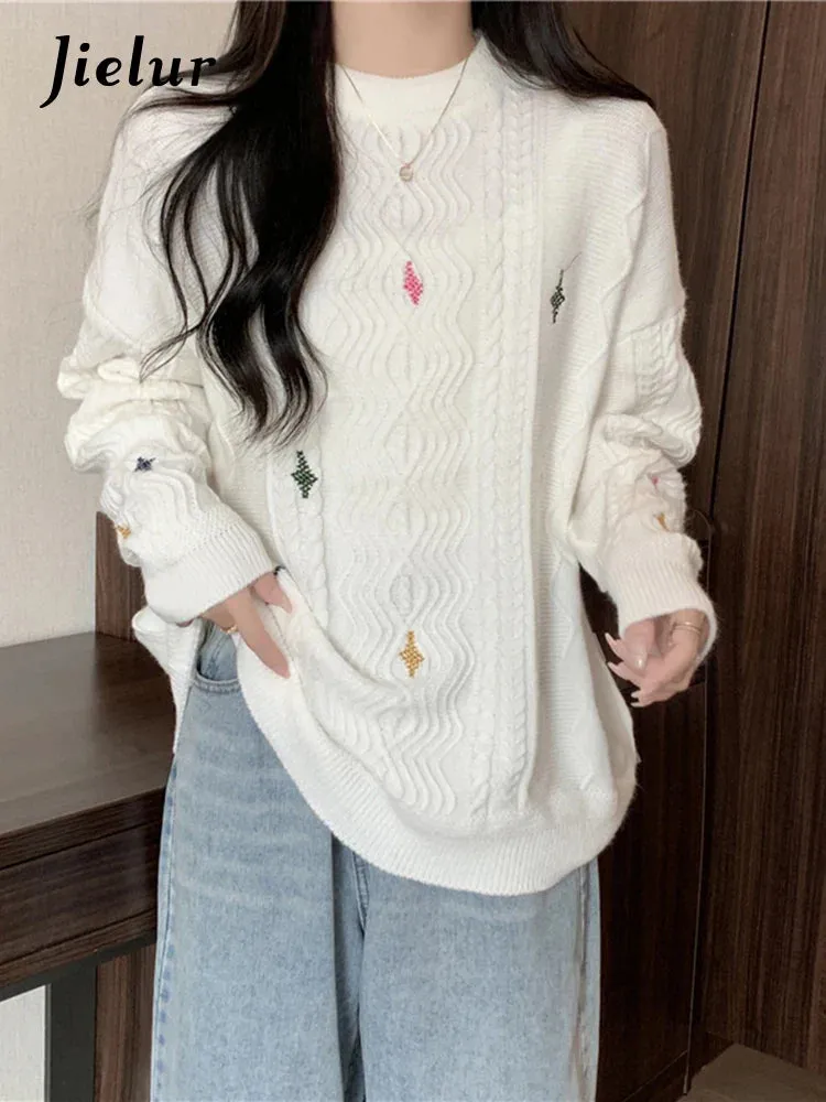 Metaversmall Women Knitted Sweater Autumn New O-Neck Vintage Embroidered Knitwear Baggy Long Sleeve Warm Lady White Pullover Chic