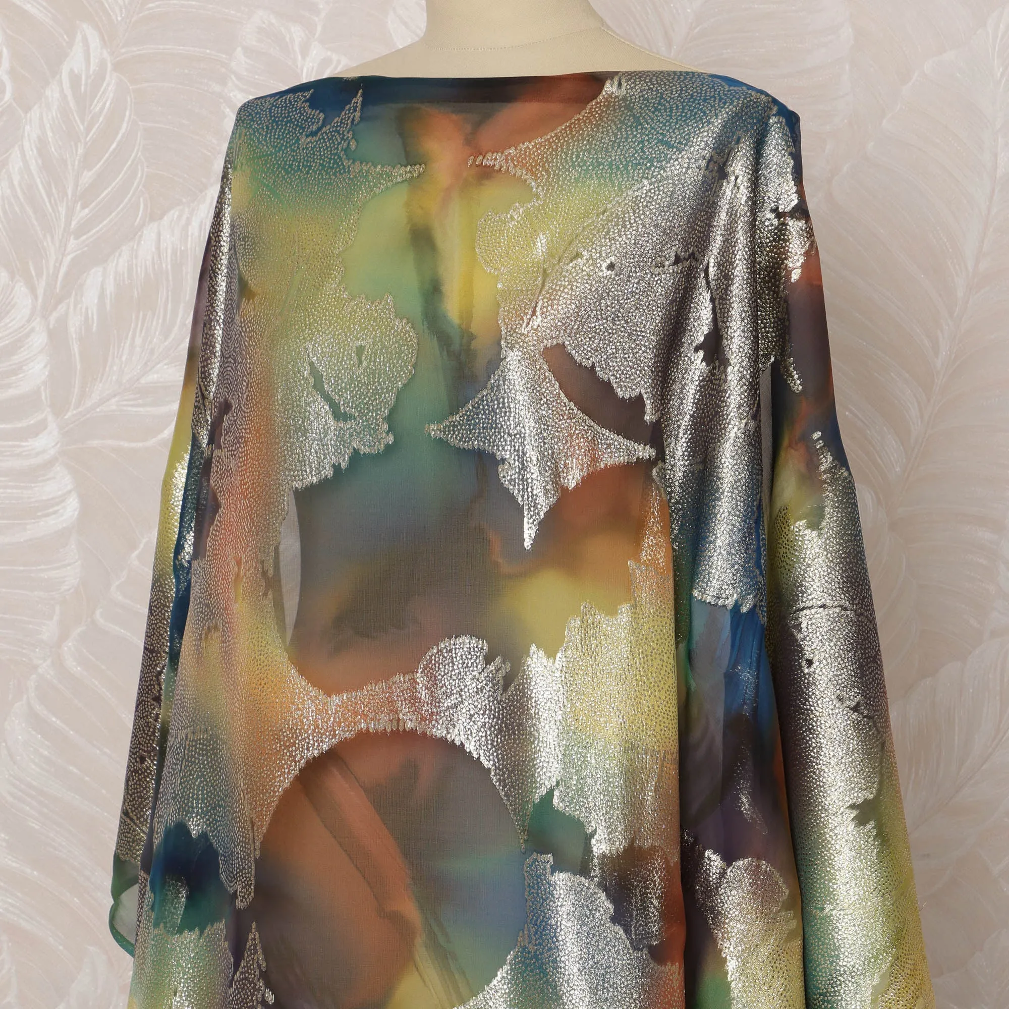 Multicolor and Silver Abstract Silk Chiffon Dirac Fabric with Metallic Lurex, 3.5 Meters, 140 cm Width-D20794