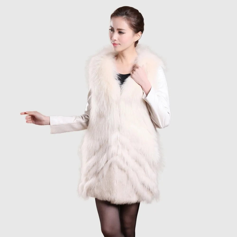 Natural Raccoon Fur Coat Female with Genuine Leather Elastic Sleeve Coats