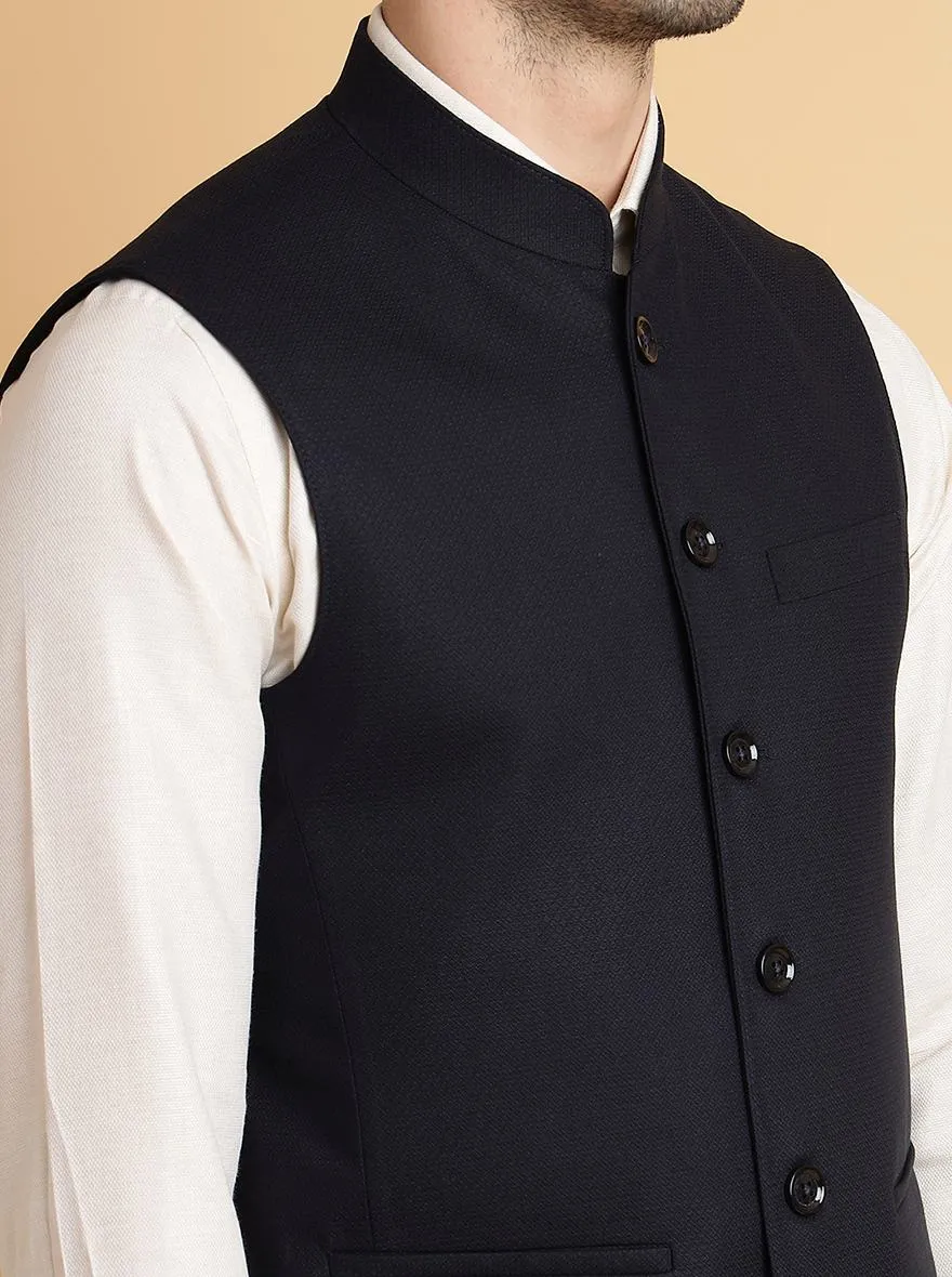 Navy Blue Self Textured Regular Fit Modi Jacket | JadeBlue