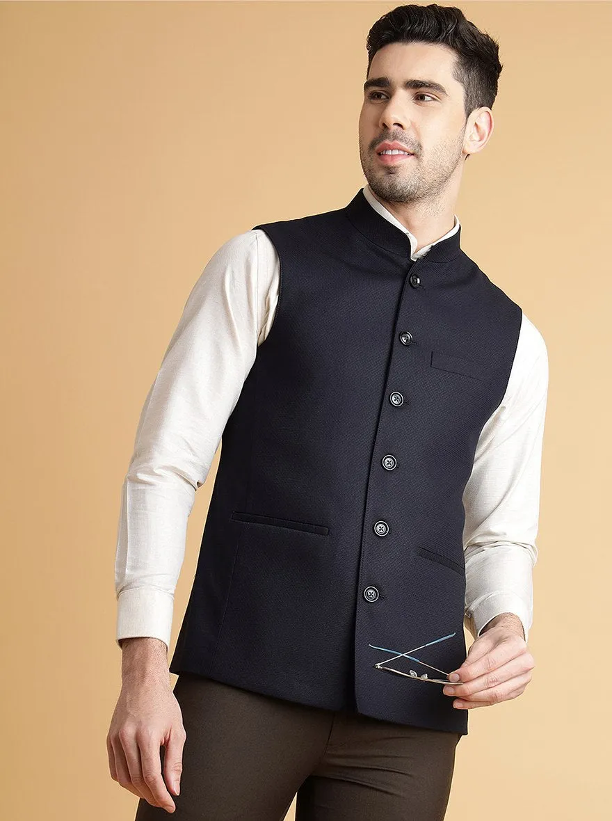 Navy Blue Self Textured Regular Fit Modi Jacket | JadeBlue