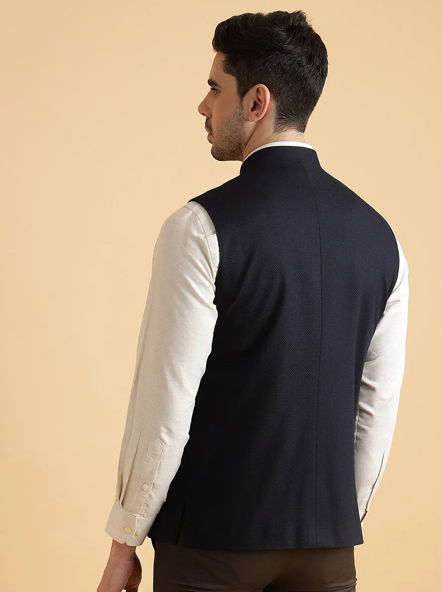 Navy Blue Self Textured Regular Fit Modi Jacket | JadeBlue