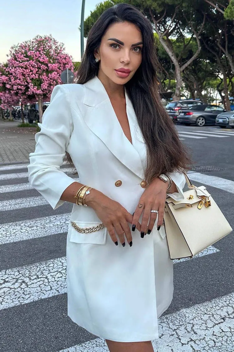 Oversized Notched Lapel Long Sleeve Chained Bodycon Blazer Mini Dress - White