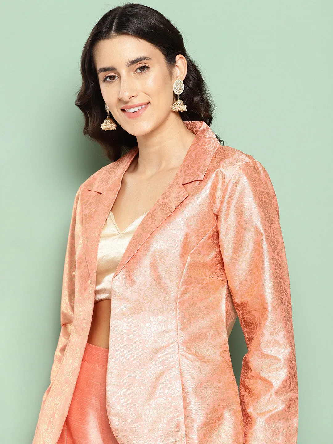 Peach Self Design Coat with Palazzos