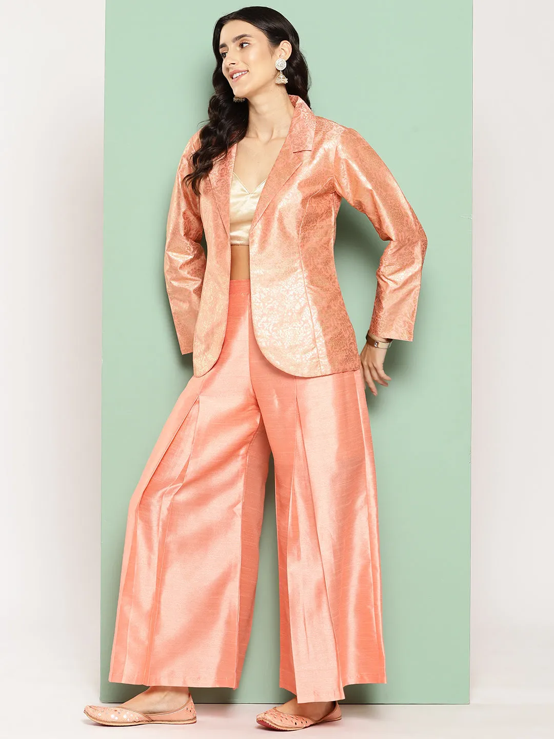 Peach Self Design Coat with Palazzos