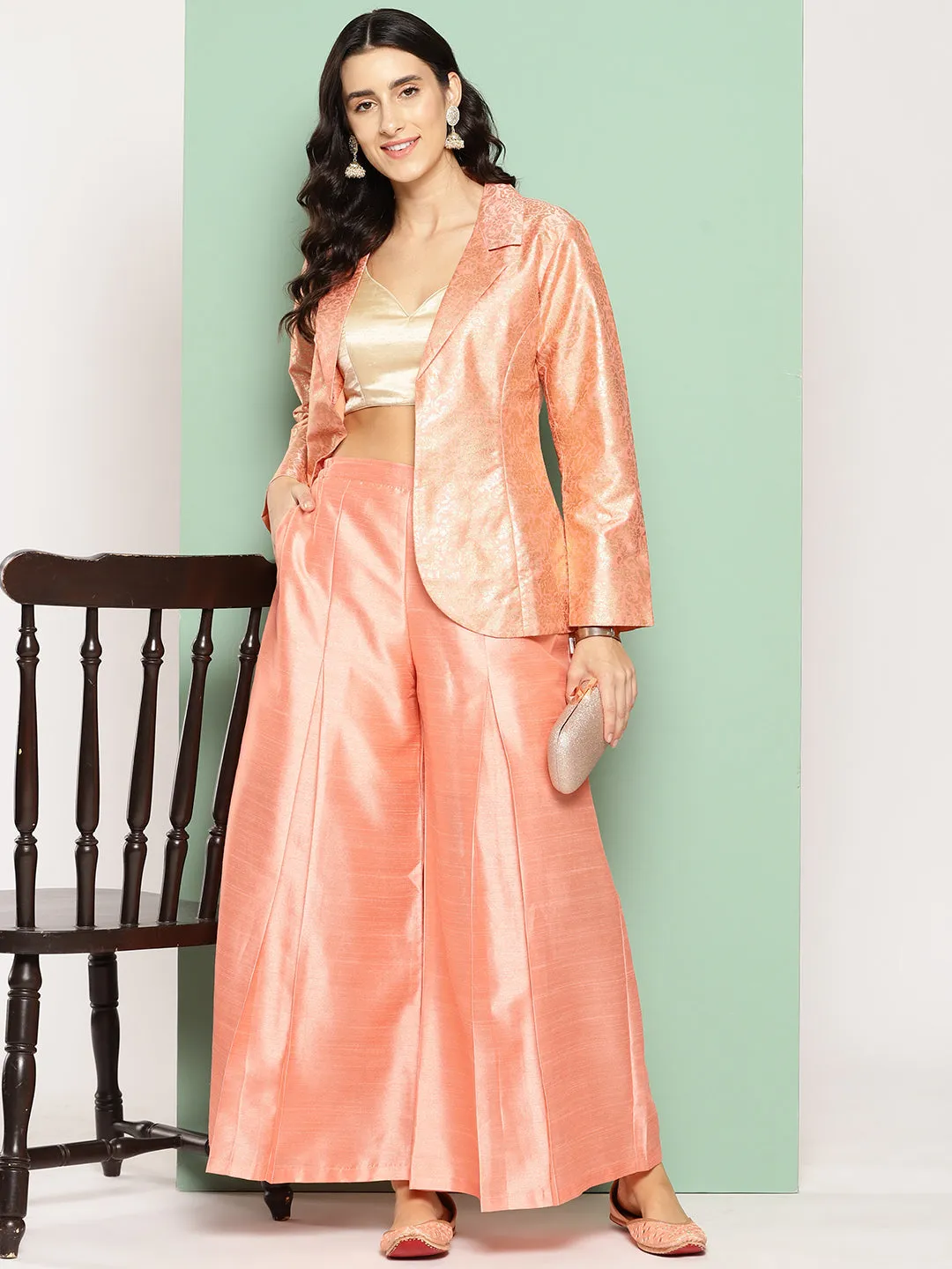 Peach Self Design Coat with Palazzos