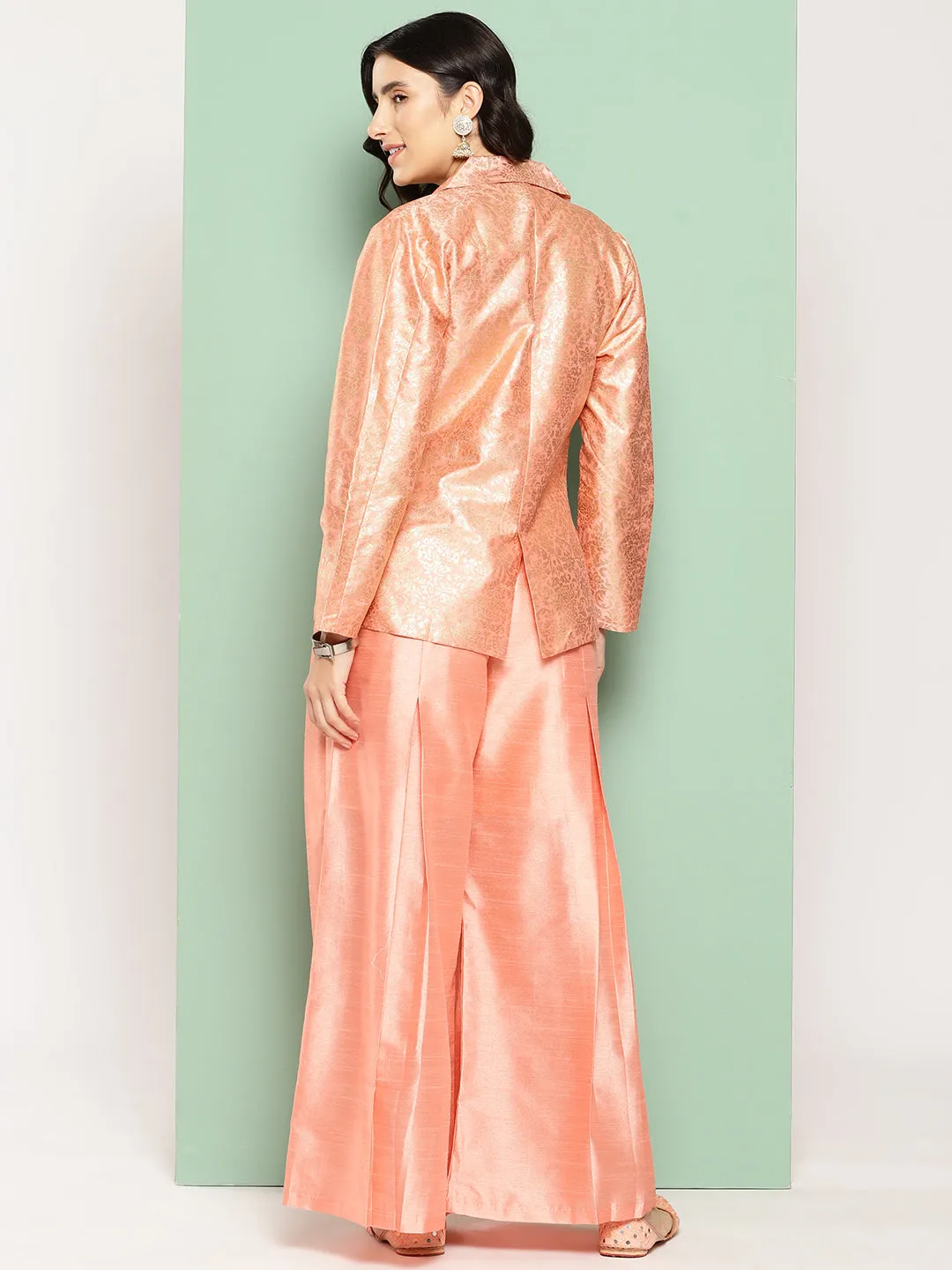 Peach Self Design Coat with Palazzos