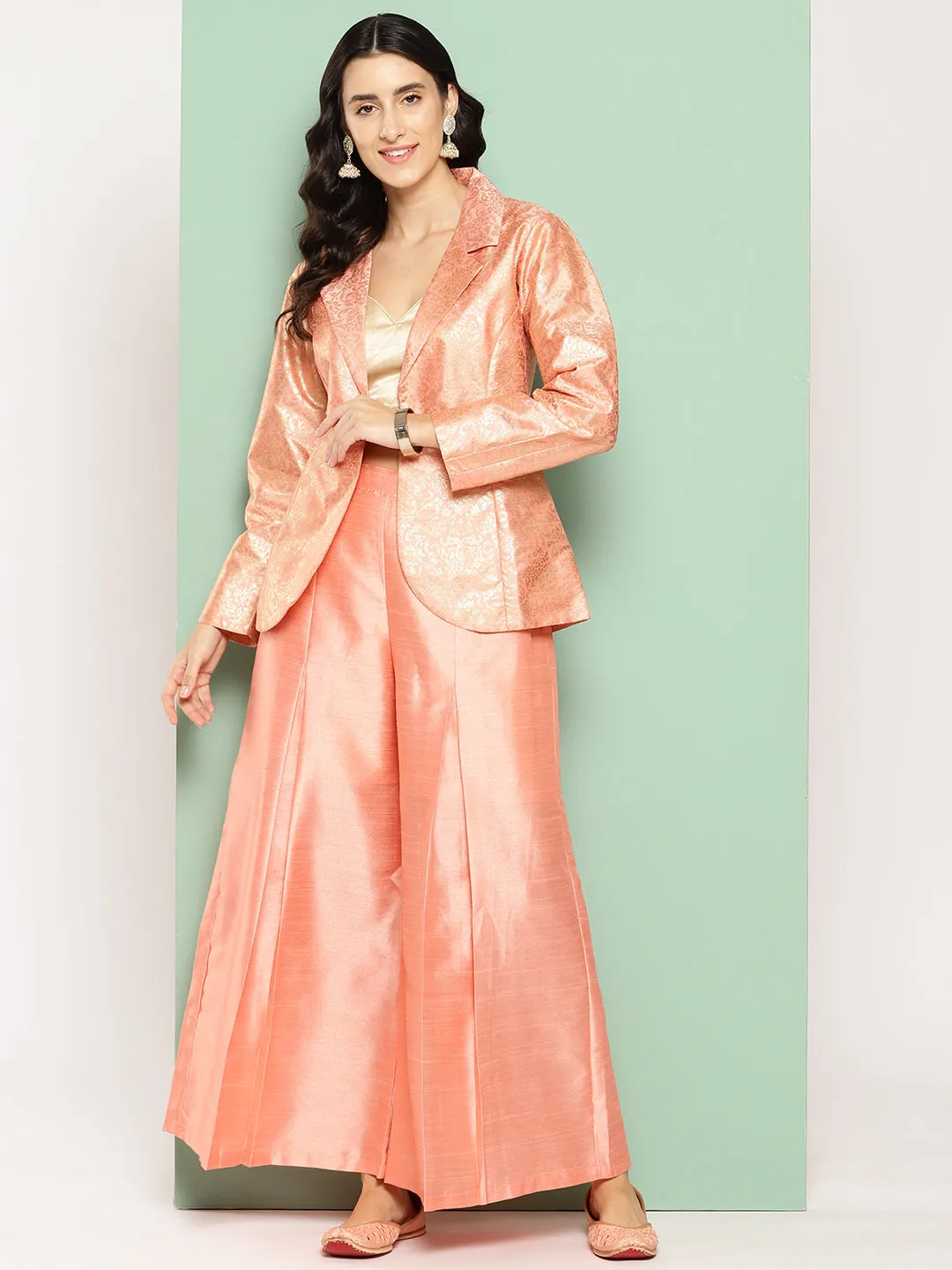 Peach Self Design Coat with Palazzos