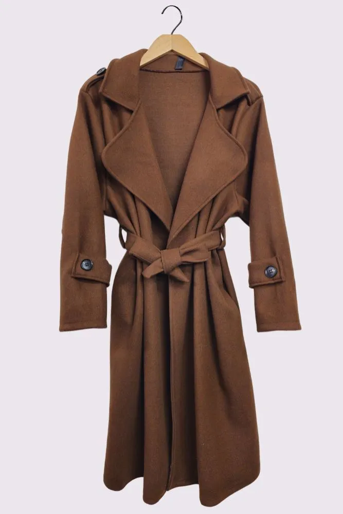 Plain Shoulder And Sleeve Button Detail Belted Coat