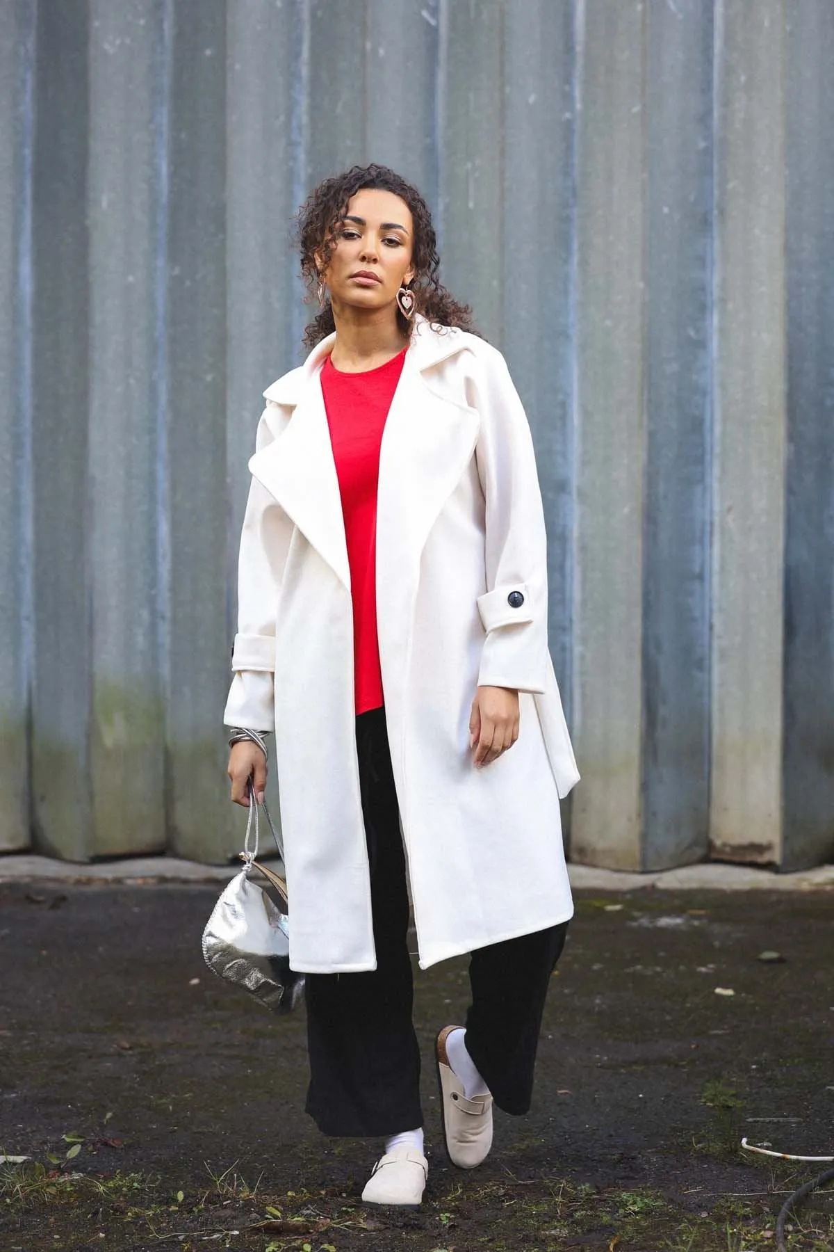 Plain Shoulder And Sleeve Button Detail Belted Coat