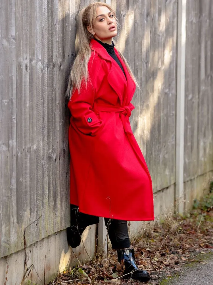 Plain Shoulder And Sleeve Button Detail Belted Coat