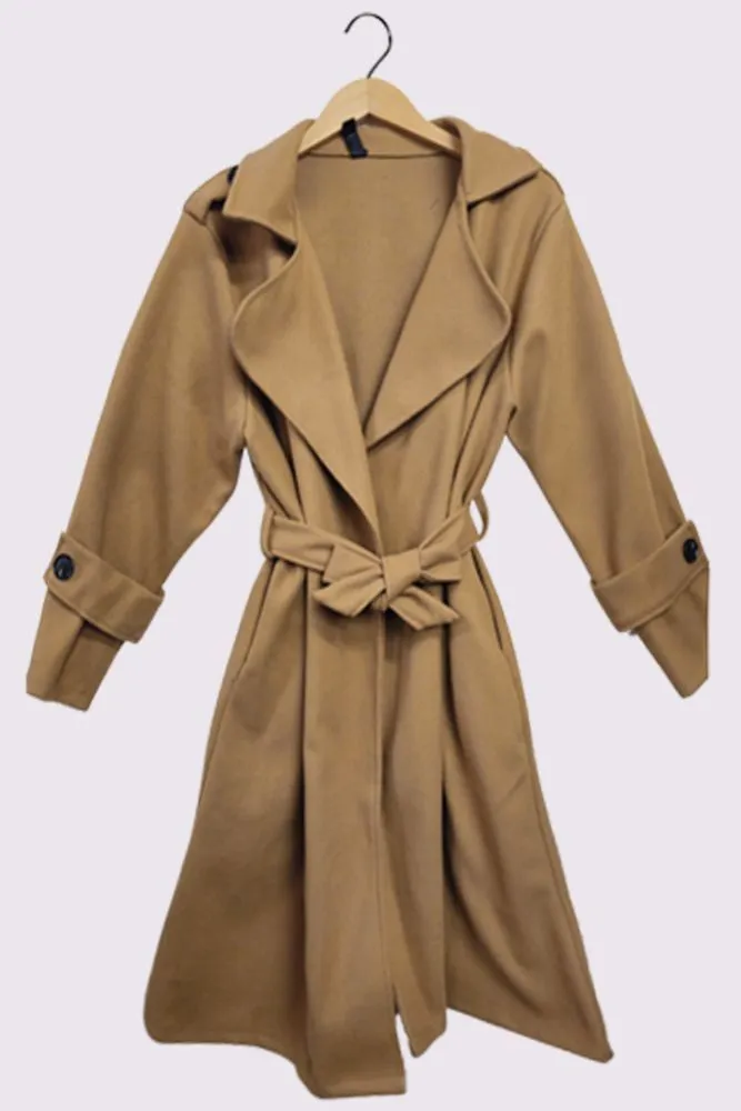 Plain Shoulder And Sleeve Button Detail Belted Coat