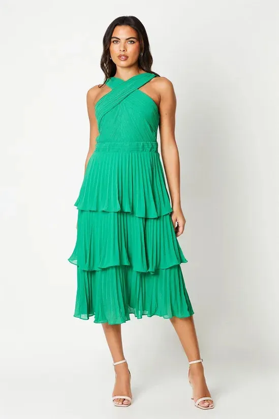 Pleated Bodice Chiffon Tiered Midi Dress