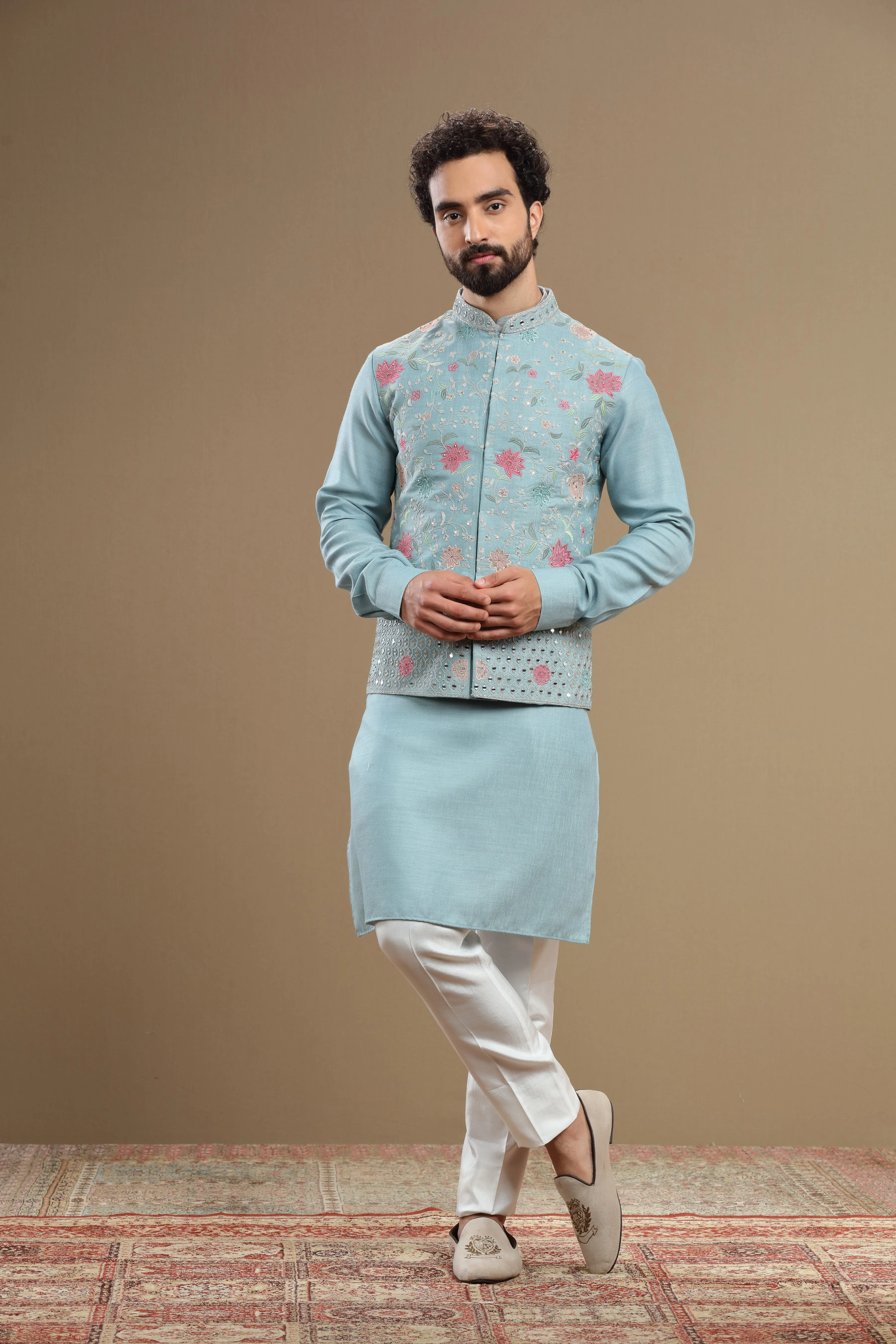 Powder blue Silk jacket set in floral embroidery