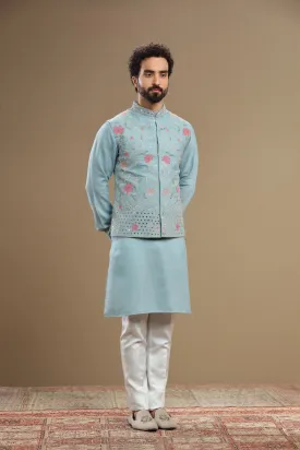 Powder blue Silk jacket set in floral embroidery