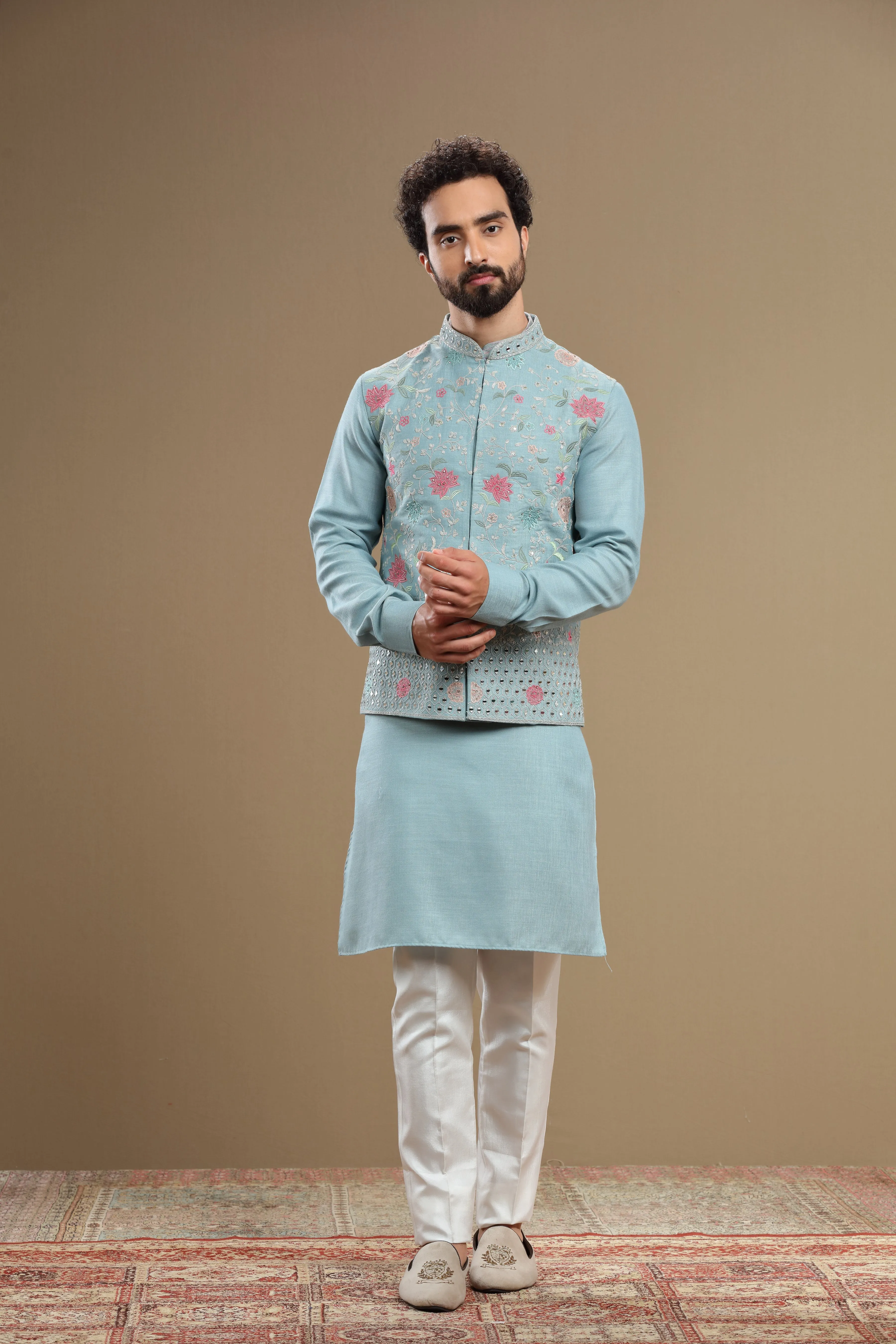 Powder blue Silk jacket set in floral embroidery