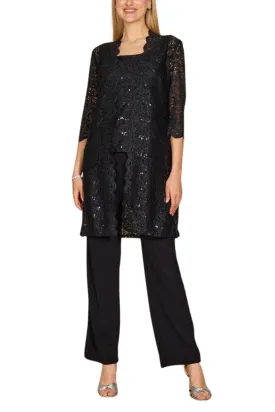 R&M Richards Metallic Lace Tank Top and Pant Set with Sheer Lace Jacket