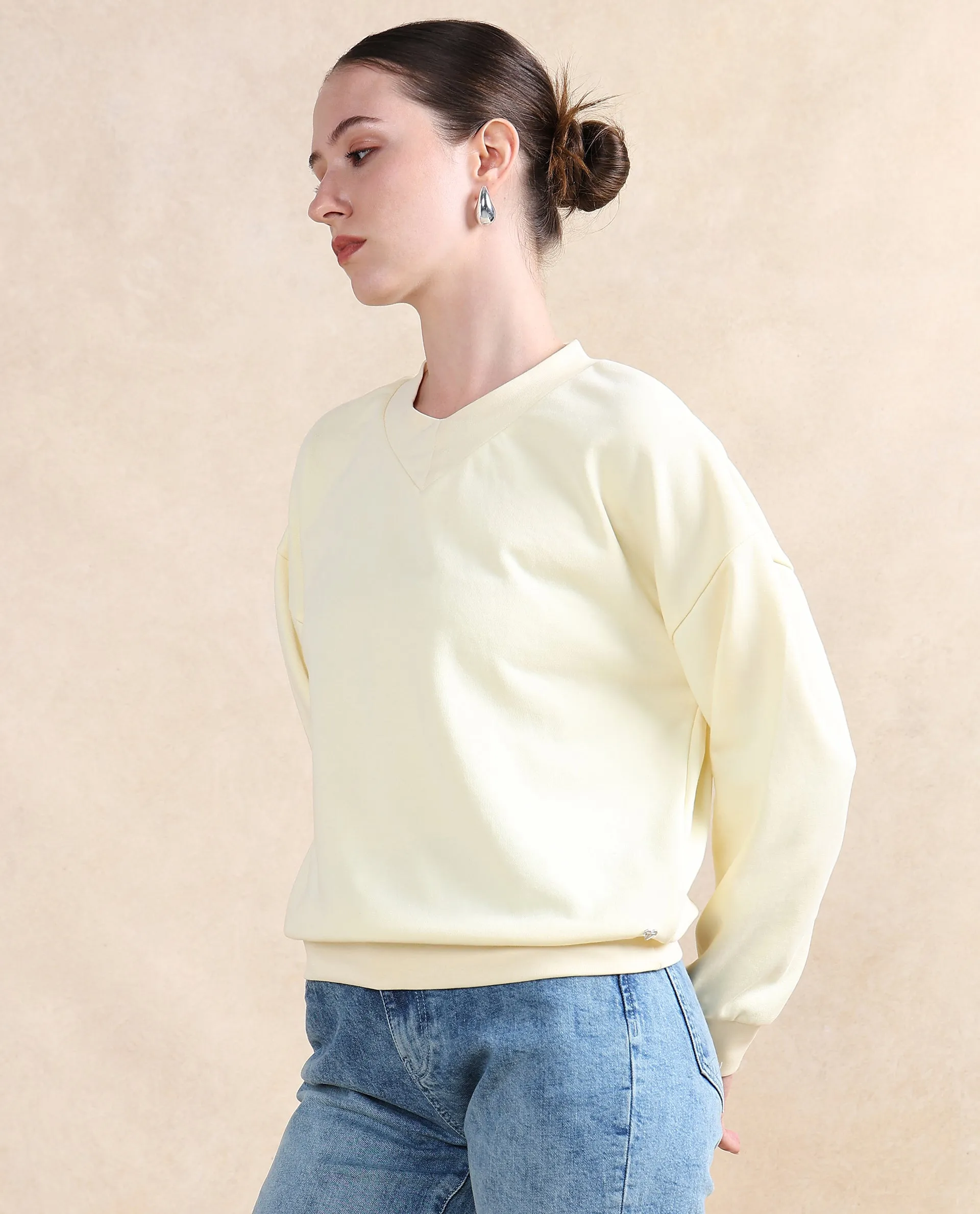 Rareism Women Vitoo Light Yellow Cotton Blend Fabric Full Sleeve Round Neck Relaxed Fit Plain Sweatshirt