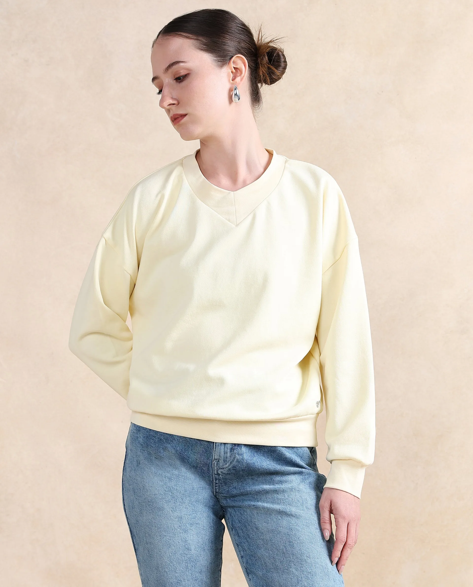 Rareism Women Vitoo Light Yellow Cotton Blend Fabric Full Sleeve Round Neck Relaxed Fit Plain Sweatshirt