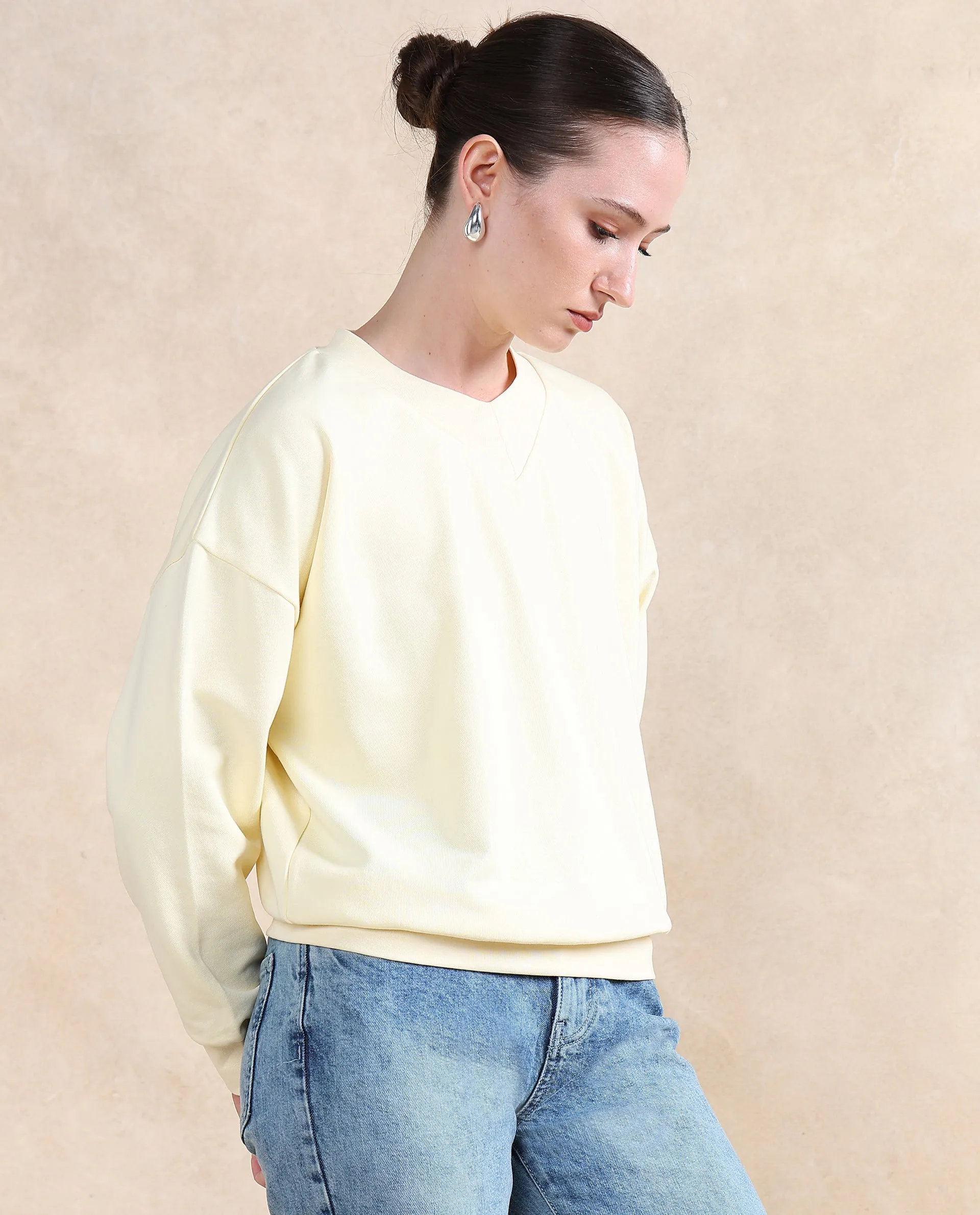 Rareism Women Vitoo Light Yellow Cotton Blend Fabric Full Sleeve Round Neck Relaxed Fit Plain Sweatshirt