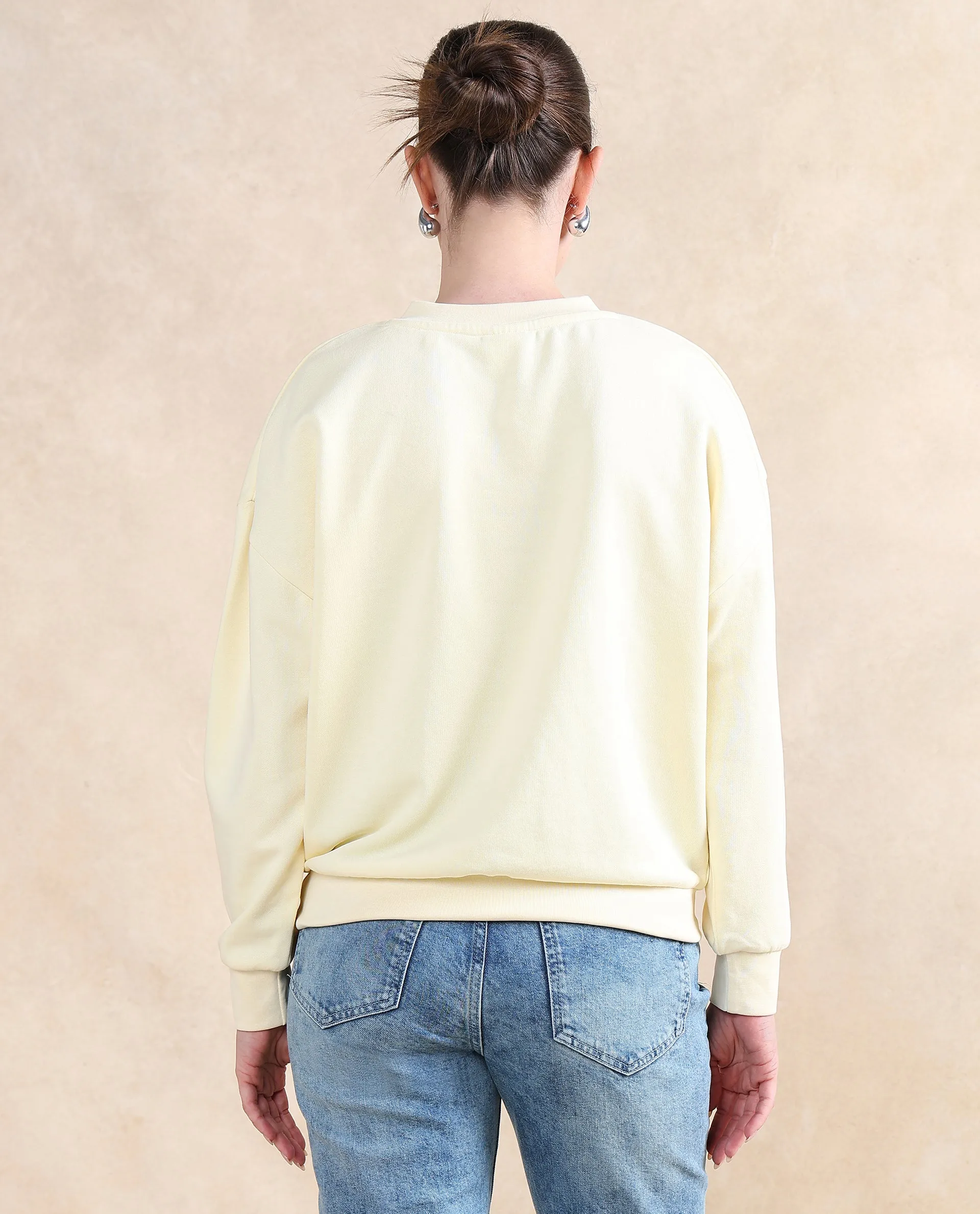 Rareism Women Vitoo Light Yellow Cotton Blend Fabric Full Sleeve Round Neck Relaxed Fit Plain Sweatshirt