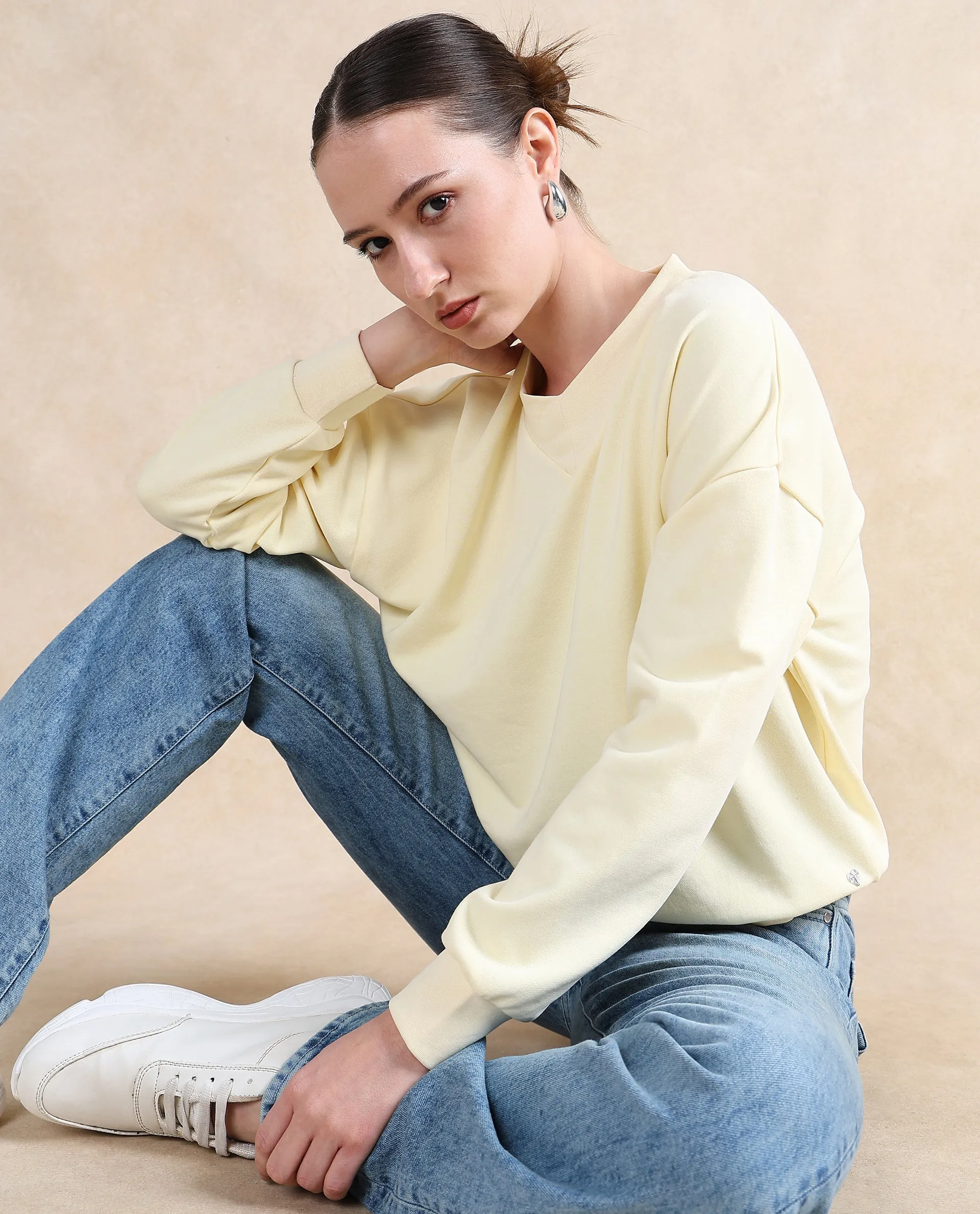 Rareism Women Vitoo Light Yellow Cotton Blend Fabric Full Sleeve Round Neck Relaxed Fit Plain Sweatshirt