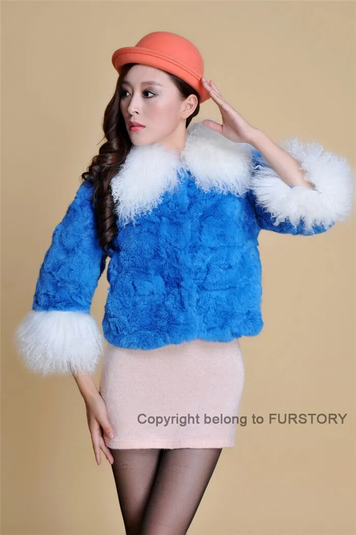 Real Rabbit fur coat fox fur collar and cuff jacket overcoat womens' garment winter coat FS13066