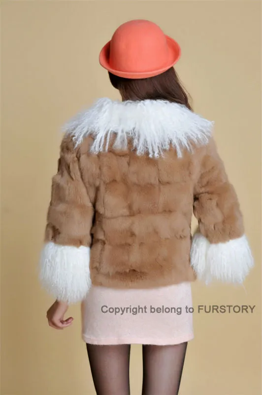 Real Rabbit fur coat fox fur collar and cuff jacket overcoat womens' garment winter coat FS13066