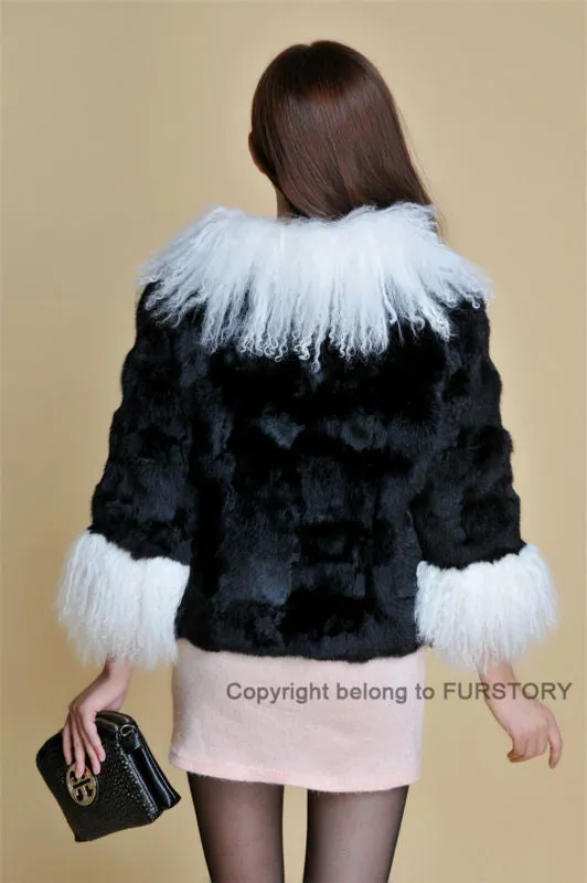 Real Rabbit fur coat fox fur collar and cuff jacket overcoat womens' garment winter coat FS13066