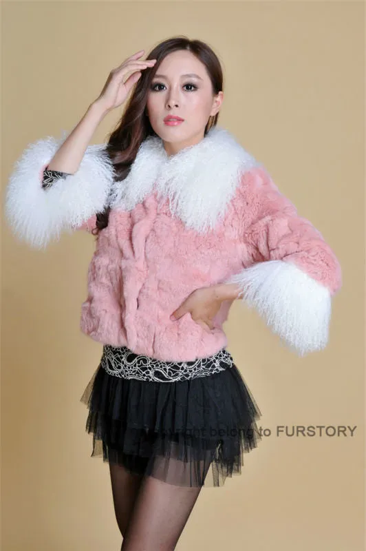 Real Rabbit fur coat fox fur collar and cuff jacket overcoat womens' garment winter coat FS13066