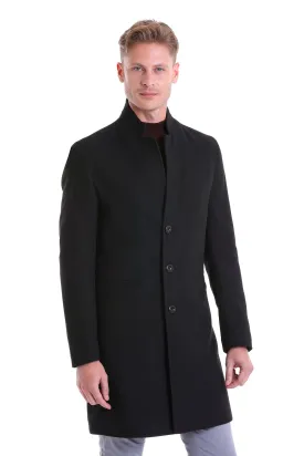 Regular Fit Cachet Notch Lapel Black Overcoat