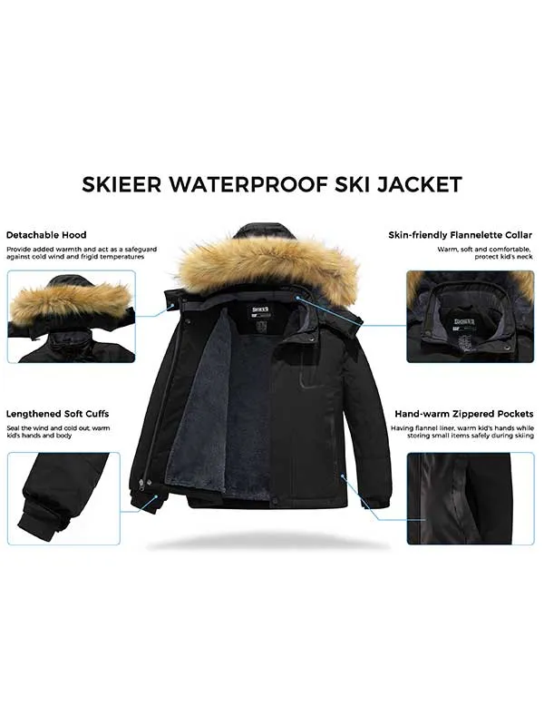 Skieer Boy's Ski Jacket Waterproof Warm Fleece Winter Snow Jacket Hooded Raincoat