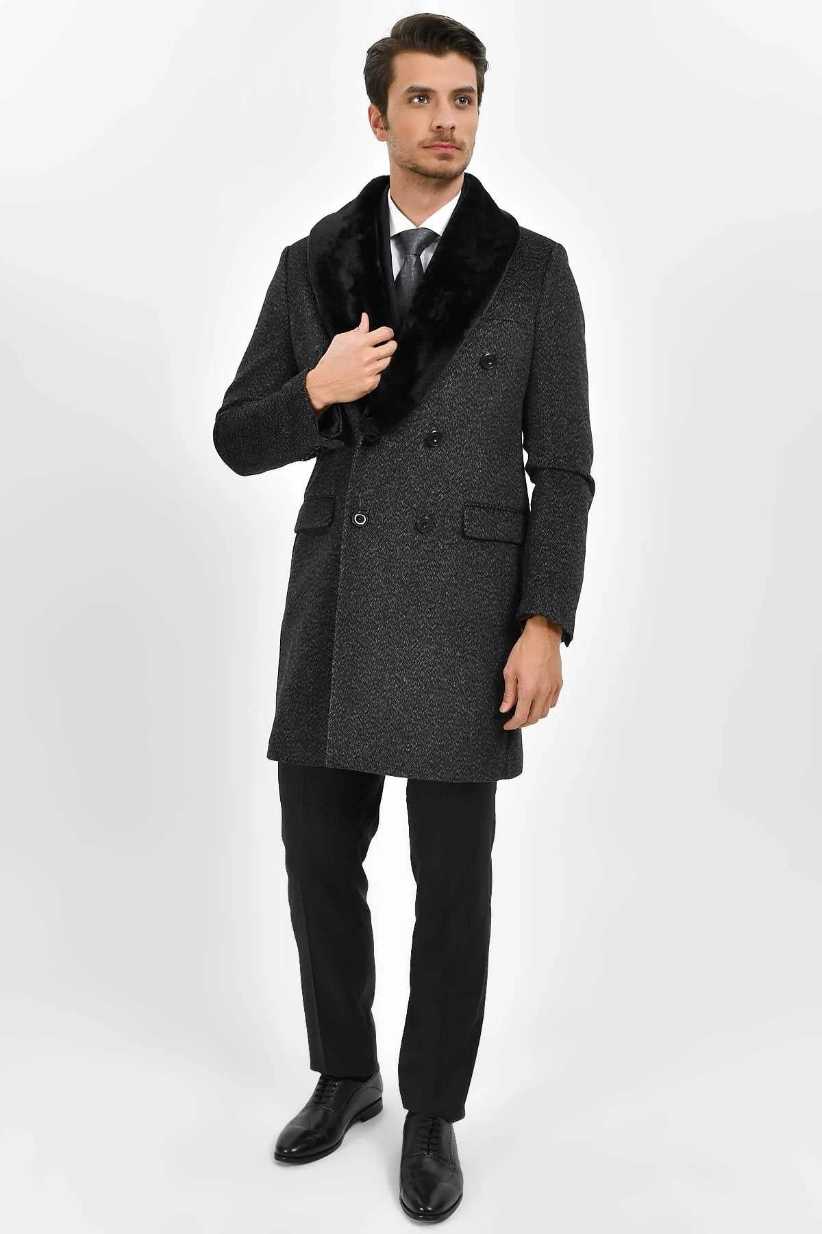 Slim Fit Cachet Double Breasted Charcoal Wool Blend Overcoat