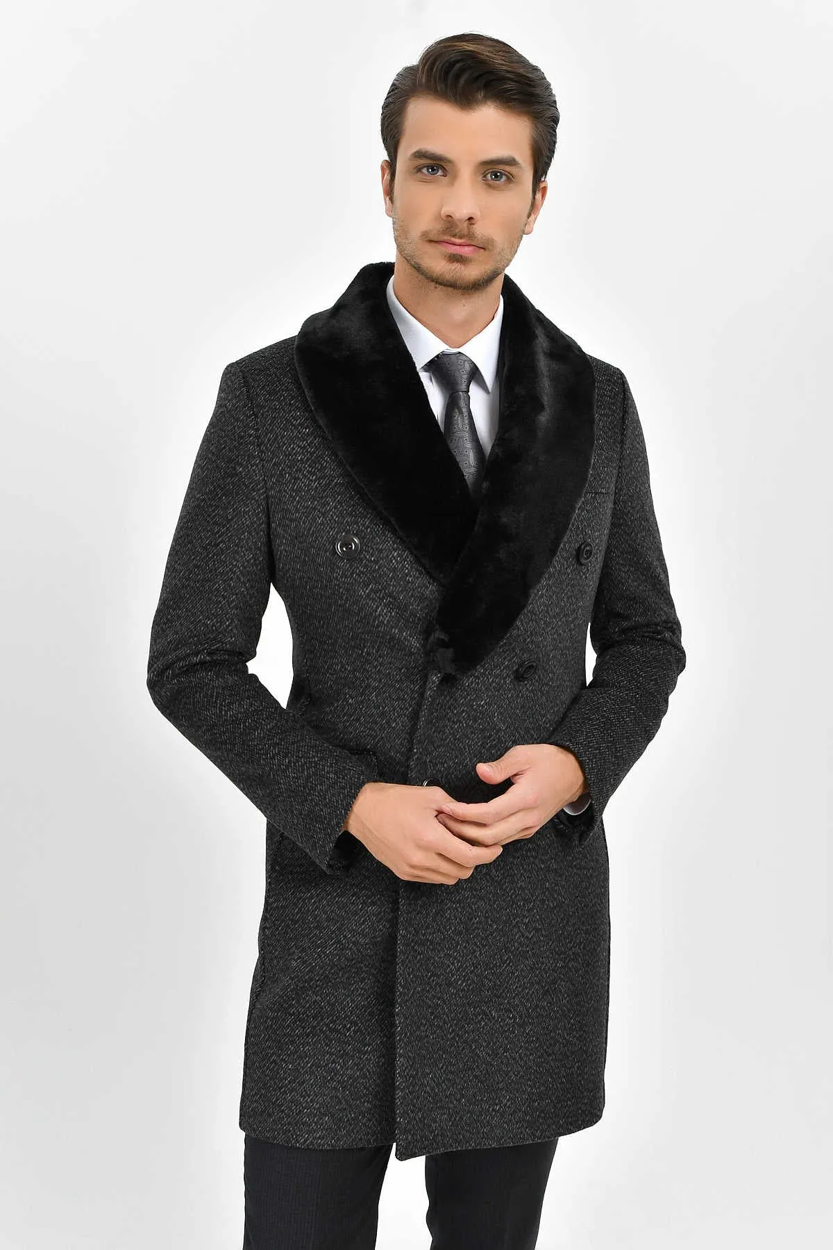 Slim Fit Cachet Double Breasted Charcoal Wool Blend Overcoat