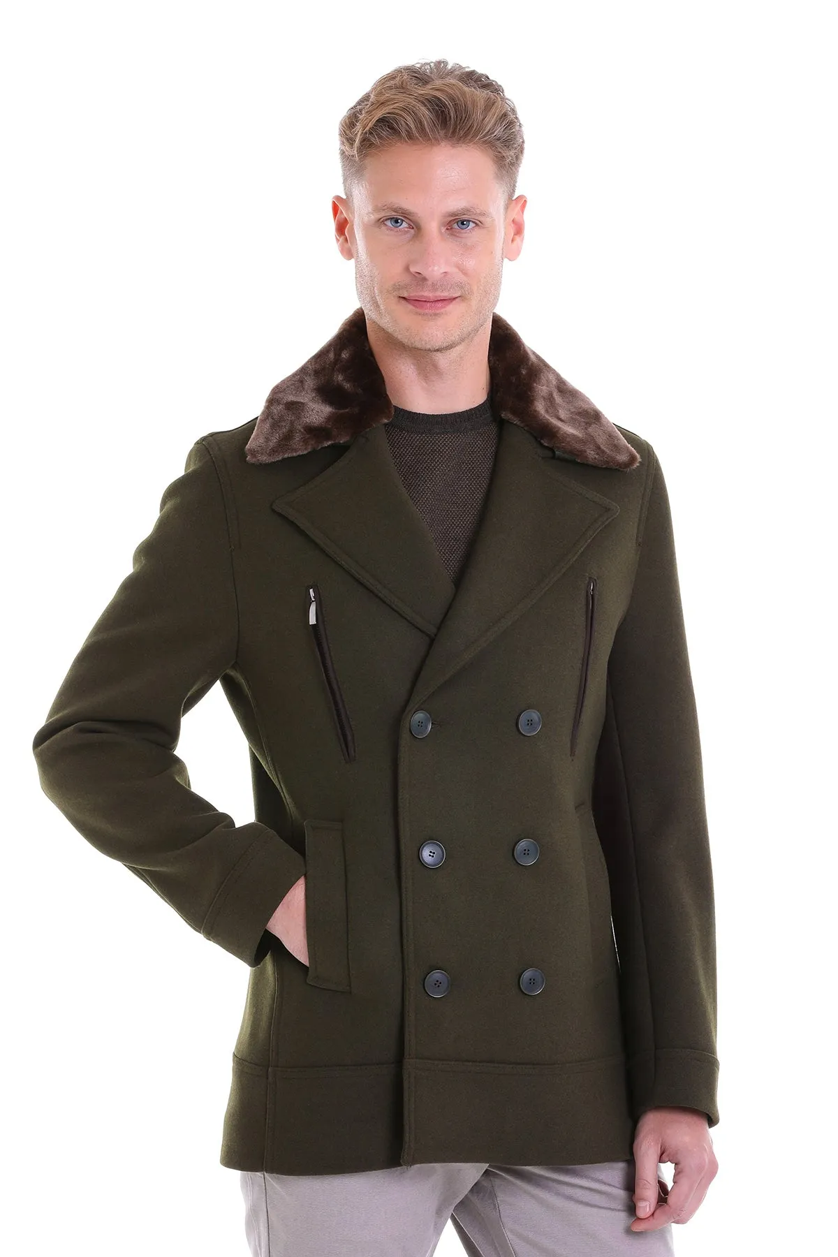 Slim Fit Cachet Double Breasted Khaki Wool Blend Coat