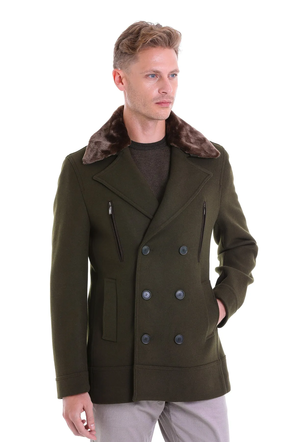 Slim Fit Cachet Double Breasted Khaki Wool Blend Coat