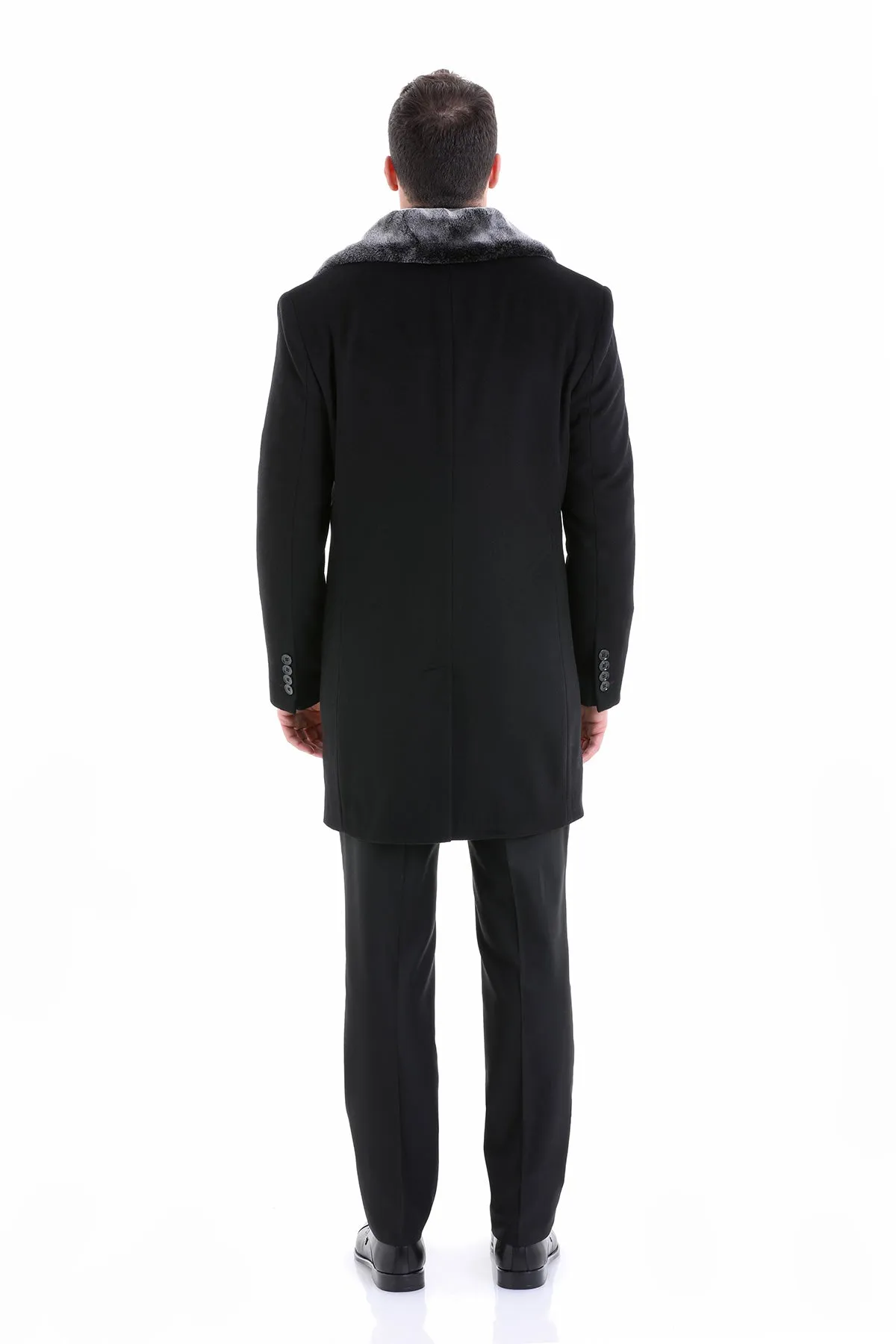 Slim Fit Cachet Flat Collar Black Wool Blend Overcoat