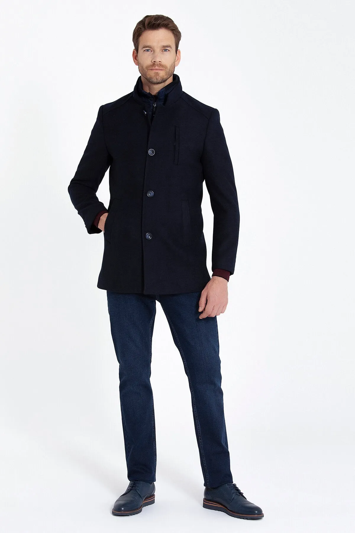 Slim Fit Cachet Manhattan Stand Collar Wool Blend Navy Overcoat, Navy