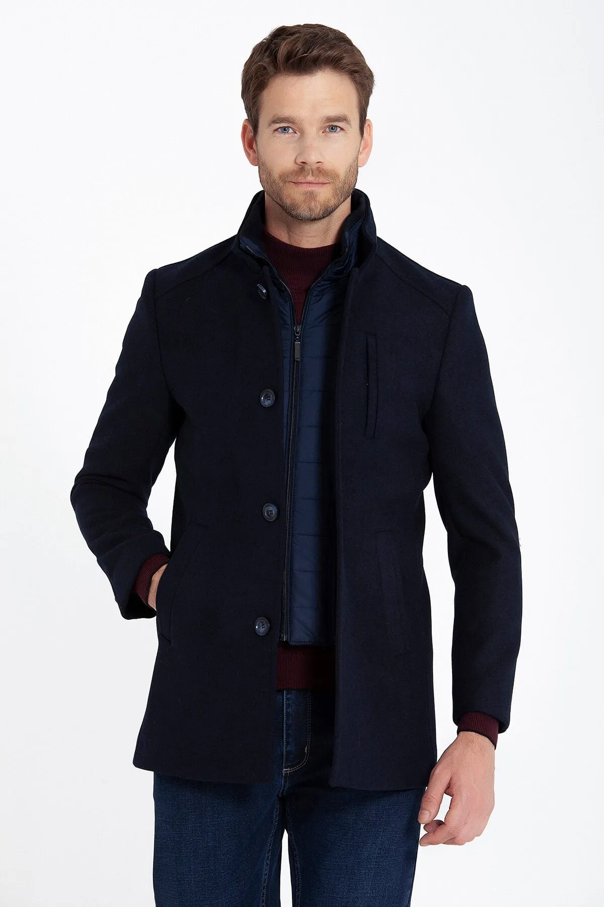 Slim Fit Cachet Manhattan Stand Collar Wool Blend Navy Overcoat, Navy