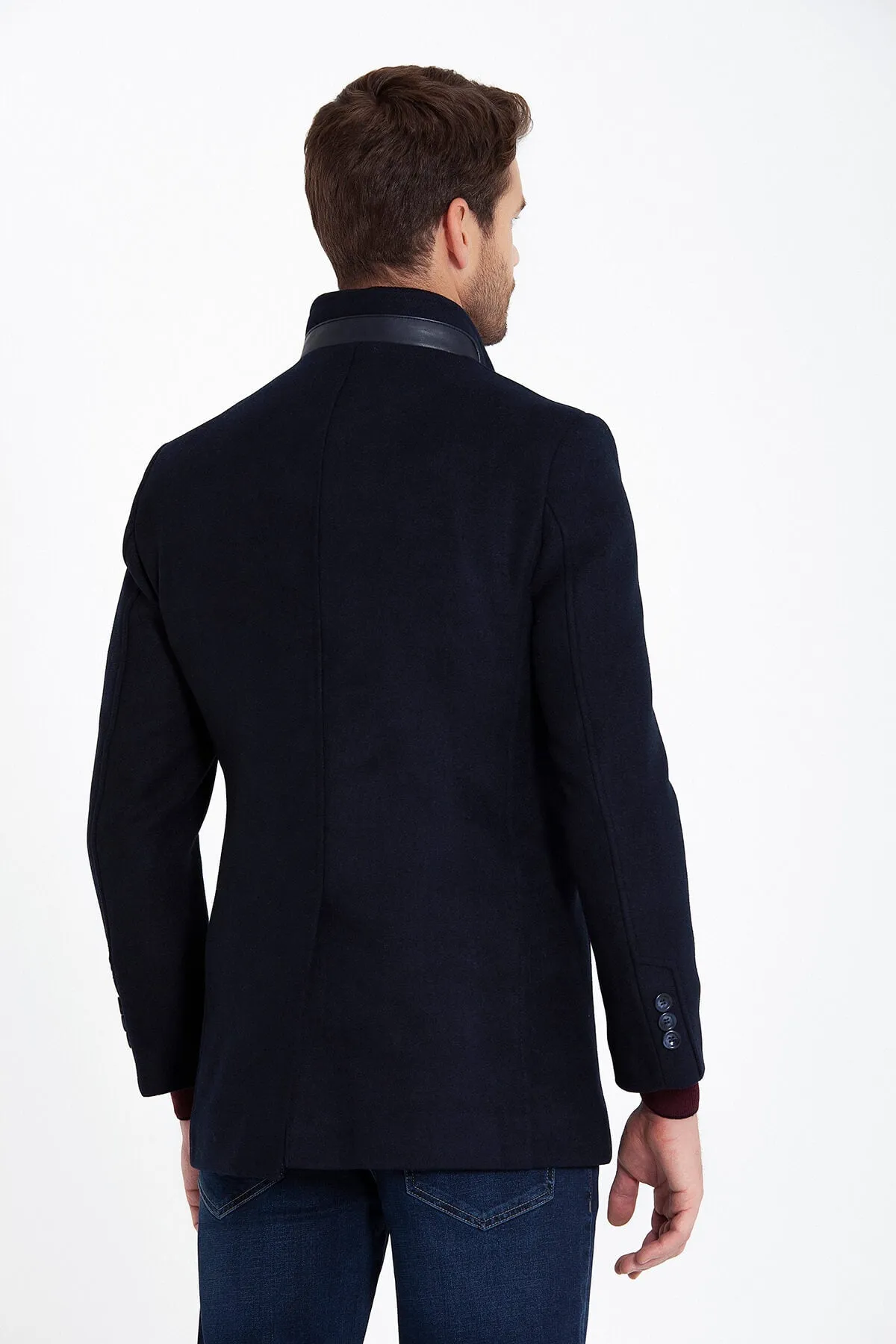 Slim Fit Cachet Manhattan Stand Collar Wool Blend Navy Overcoat, Navy