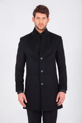 Slim Fit Cachet Notch Lapel Wool Blend Black Overcoat, Black