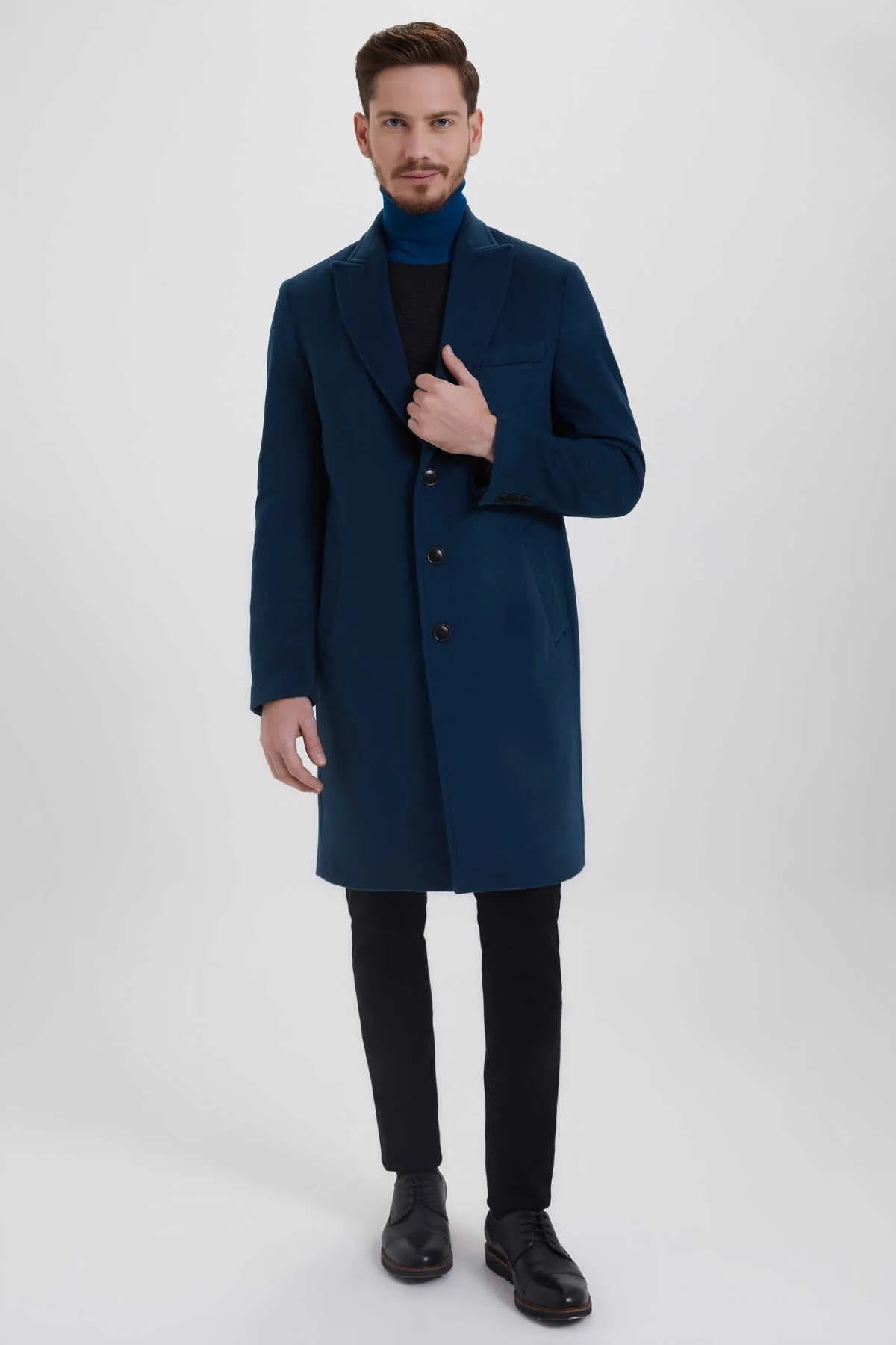 Slim Fit Cachet Peaked Lapel Enamel Blue Wool Blend Overcoat