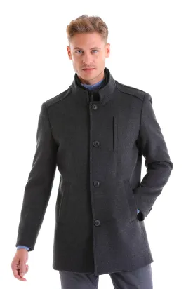 Dark Gray Slim Fit Wool Blend Overcoat with Stand Collar