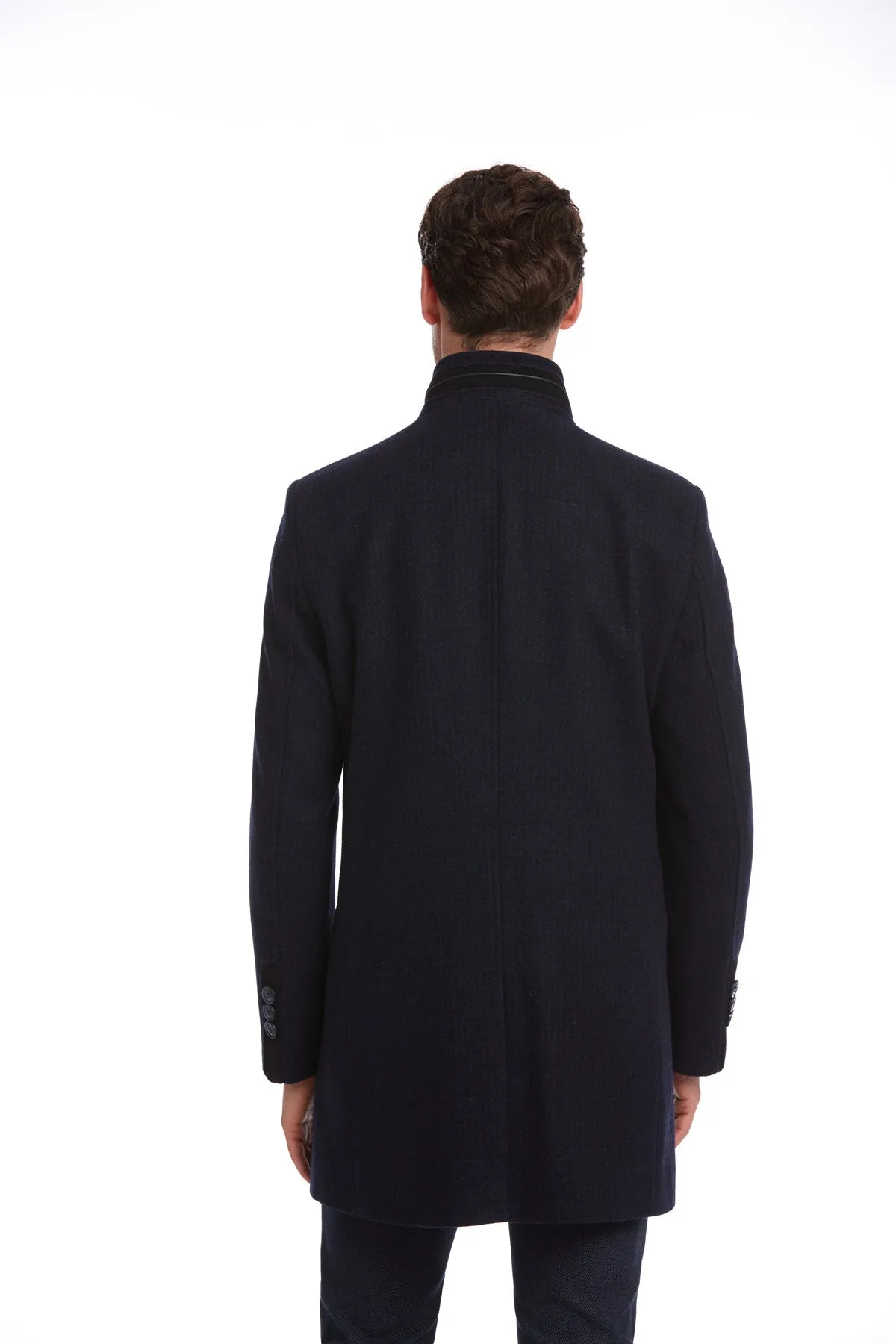 Slim Fit Cachet Stand Collar Navy Wool Blend Overcoat